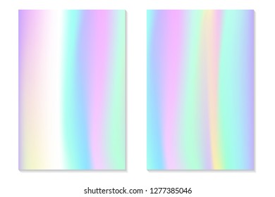 Gradient Hologram Backgrounds. Set of colorful holographic posters in retro style. Vibrant neon pastel texture. Vector gradient template for flyer, banner, mobile screen.