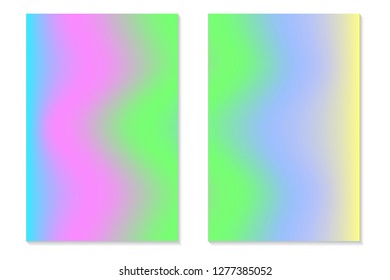 Gradient Hologram Backgrounds. Set of colorful holographic posters in retro style. Vibrant neon pastel texture. Vector gradient template for flyer, banner, mobile screen.