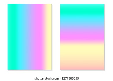 Gradient Hologram Backgrounds. Set of colorful holographic posters in retro style. Vibrant neon pastel texture. Vector gradient template for flyer, banner, mobile screen.