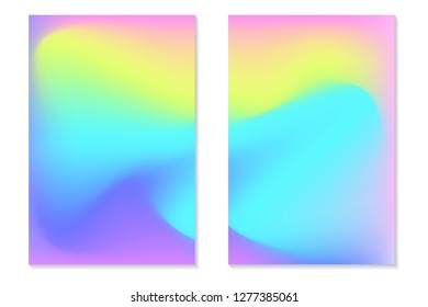 Gradient Hologram Backgrounds. Set of colorful holographic posters in retro style. Vibrant neon pastel texture. Vector gradient template for flyer, banner, mobile screen.