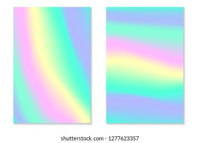 Gradient Hologram Backgrounds. Set of colorful holographic posters in retro style. Vibrant neon pastel texture. Vector gradient template for flyer, banner, mobile screen.