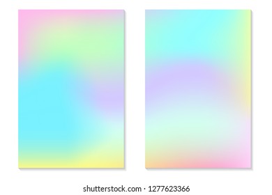 Gradient Hologram Backgrounds. Set of colorful holographic posters in retro style. Vibrant neon pastel texture. Vector gradient template for flyer, banner, mobile screen.