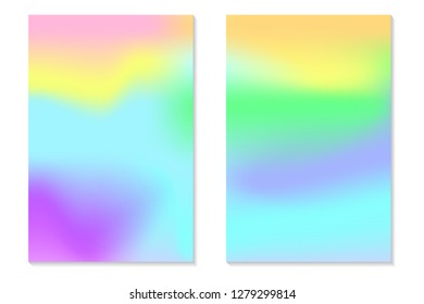 Gradient Hologram Backgrounds. Set of colorful holographic posters in retro style. Vibrant neon pastel texture. Vector gradient template for flyer, banner, mobile screen.