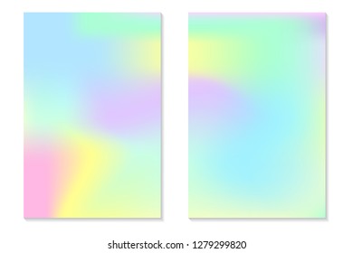 Gradient Hologram Backgrounds. Set of colorful holographic posters in retro style. Vibrant neon pastel texture. Vector gradient template for flyer, banner, mobile screen.