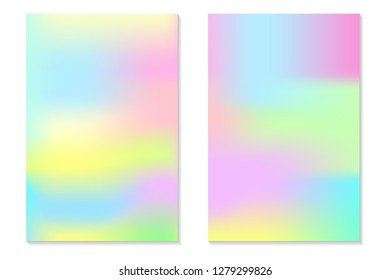 Gradient Hologram Backgrounds. Set of colorful holographic posters in retro style. Vibrant neon pastel texture. Vector gradient template for flyer, banner, mobile screen.