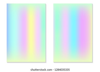 Gradient Hologram Backgrounds. Set of colorful holographic posters in retro style. Vibrant neon pastel texture. Vector gradient template for flyer, banner, mobile screen.