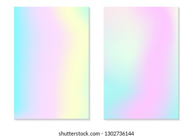 Gradient Hologram Backgrounds. Set of colorful holographic posters in retro style. Vibrant neon pastel texture. Vector gradient template for flyer, banner, mobile screen.