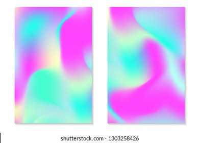 Gradient Hologram Backgrounds. Set of colorful holographic posters in retro style. Vibrant neon pastel texture. Vector gradient template for flyer, banner, mobile screen.
