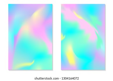 Gradient Hologram Backgrounds. Set of colorful holographic posters in retro style. Vibrant neon pastel texture. Vector gradient template for flyer, banner, mobile screen.