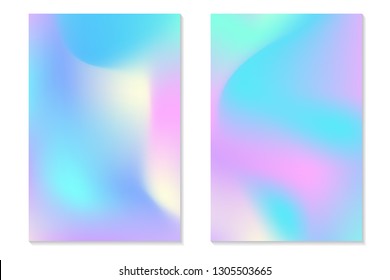 Gradient Hologram Backgrounds. Set of colorful holographic posters in retro style. Vibrant neon pastel texture. Vector gradient template for flyer, banner, mobile screen.