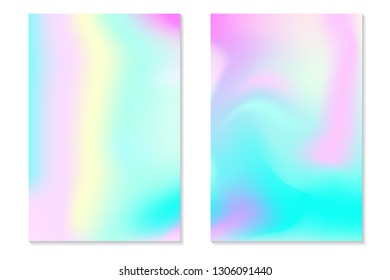 Gradient Hologram Backgrounds. Set of colorful holographic posters in retro style. Vibrant neon pastel texture. Vector gradient template for flyer, banner, mobile screen.