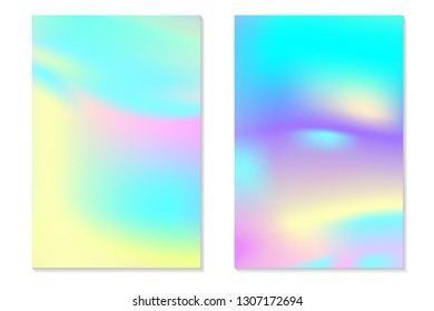 Gradient Hologram Backgrounds. Set of colorful holographic posters in retro style. Vibrant neon pastel texture. Vector gradient template for flyer, banner, mobile screen.