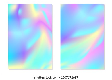 Gradient Hologram Backgrounds. Set of colorful holographic posters in retro style. Vibrant neon pastel texture. Vector gradient template for flyer, banner, mobile screen.