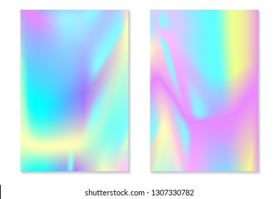 Gradient Hologram Backgrounds. Set of colorful holographic posters in retro style. Vibrant neon pastel texture. Vector gradient template for flyer, banner, mobile screen.