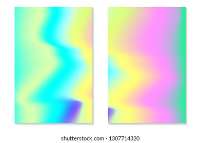 Gradient Hologram Backgrounds. Set of colorful holographic posters in retro style. Vibrant neon pastel texture. Vector gradient template for flyer, banner, mobile screen.