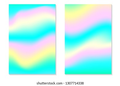 Gradient Hologram Backgrounds. Set of colorful holographic posters in retro style. Vibrant neon pastel texture. Vector gradient template for flyer, banner, mobile screen.
