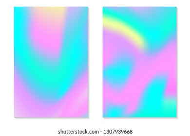Gradient Hologram Backgrounds. Set of colorful holographic posters in retro style. Vibrant neon pastel texture. Vector gradient template for flyer, banner, mobile screen.