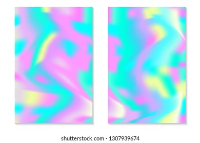 Gradient Hologram Backgrounds. Set of colorful holographic posters in retro style. Vibrant neon pastel texture. Vector gradient template for flyer, banner, mobile screen.