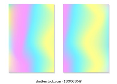 Gradient Hologram Backgrounds. Set of colorful holographic posters in retro style. Vibrant neon pastel texture. Vector gradient template for flyer, banner, mobile screen.