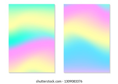 Gradient Hologram Backgrounds. Set of colorful holographic posters in retro style. Vibrant neon pastel texture. Vector gradient template for flyer, banner, mobile screen.