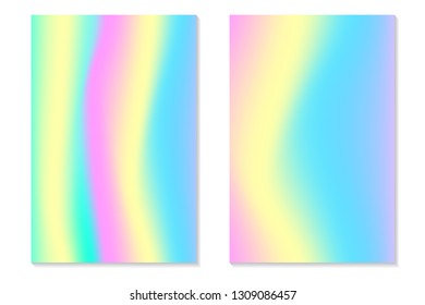 Gradient Hologram Backgrounds. Set of colorful holographic posters in retro style. Vibrant neon pastel texture. Vector gradient template for flyer, banner, mobile screen.
