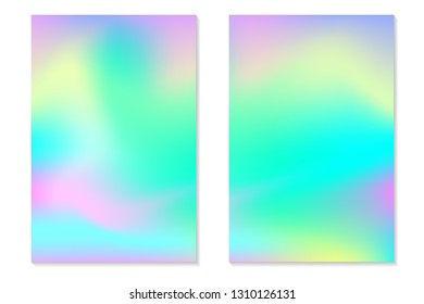 Gradient Hologram Backgrounds. Set of colorful holographic posters in retro style. Vibrant neon pastel texture. Vector gradient template for flyer, banner, mobile screen.
