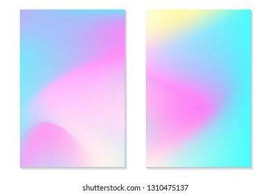 Gradient Hologram Backgrounds. Set of colorful holographic posters in retro style. Vibrant neon pastel texture. Vector gradient template for flyer, banner, mobile screen.