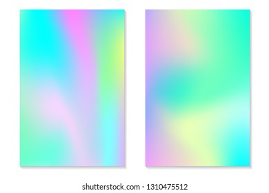 Gradient Hologram Backgrounds. Set of colorful holographic posters in retro style. Vibrant neon pastel texture. Vector gradient template for flyer, banner, mobile screen.