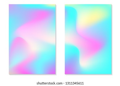 Gradient Hologram Backgrounds. Set of colorful holographic posters in retro style. Vibrant neon pastel texture. Vector gradient template for flyer, banner, mobile screen.