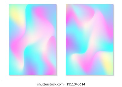 Gradient Hologram Backgrounds. Set of colorful holographic posters in retro style. Vibrant neon pastel texture. Vector gradient template for flyer, banner, mobile screen.