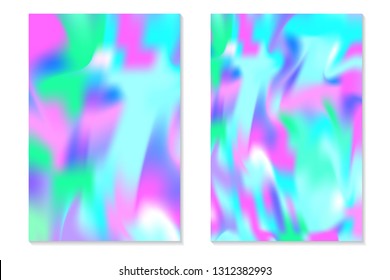 Gradient Hologram Backgrounds. Set of colorful holographic posters in retro style. Vibrant neon pastel texture. Vector gradient template for flyer, banner, mobile screen.
