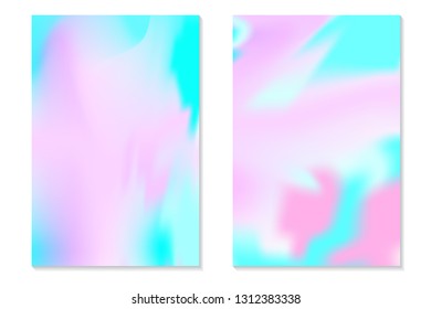 Gradient Hologram Backgrounds. Set of colorful holographic posters in retro style. Vibrant neon pastel texture. Vector gradient template for flyer, banner, mobile screen.