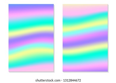 Gradient Hologram Backgrounds. Set of colorful holographic posters in retro style. Vibrant neon pastel texture. Vector gradient template for flyer, banner, mobile screen.