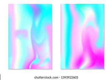 Gradient Hologram Backgrounds. Set of colorful holographic posters in retro style. Vibrant neon pastel texture. Vector gradient template for flyer, banner, mobile screen.