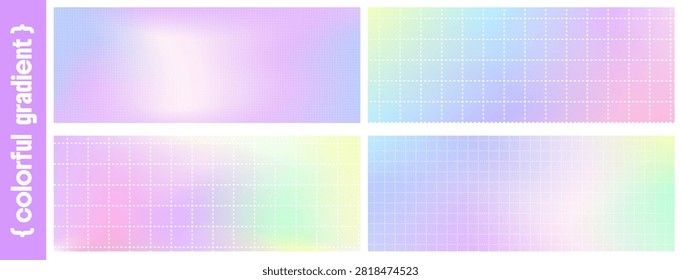 Gradient holographic gradation set in y2k with dash lines pattern background. Pastel grid paper presentation. Notebook graph plaid pastel unicorn with math mesh in green purple pink yellow lilac