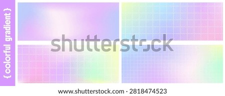 Gradient holographic gradation set in y2k with dash lines pattern background. Pastel grid paper presentation. Notebook graph plaid pastel unicorn with math mesh in green purple pink yellow lilac