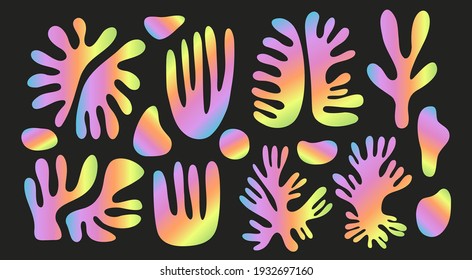 Gradient holographic Matisse shapes. Abstract neon leaves pattern, botanical collage, creative floral elements in vector