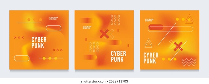 Gradient Holographic Pattern in Cyber, Hi-tech. Set Fluid Texture with Orange, Blue, Green Colors. Background Retro Art for Advertising, Web, Social Media, Poster, Banner, Cover. Vector Illustration