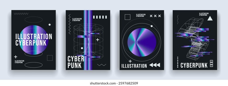 Gradient Holographic Set in Cyber, Hi-tech. Set Fluid Texture with Purple, Blue, Green Colors. Background Retro Art for Advertising, Web, Social Media, Poster, Banner, Cover. Vector Illustration