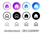 Gradient Home Circle Button Icon Collection. Home icon sheet with gradient circle buttons plus outline and solid styles for homepage, navigation, dashboard, portal, and UI use.	