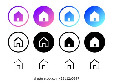 Gradient Home Circle Button Icon Collection. Home icon sheet with gradient circle buttons plus outline and solid styles for homepage, navigation, dashboard, portal, and UI use.	