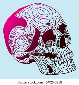 Gradient human skull on a blue background, for print on T-shirts, web site design element, mobile application salon tattoo, vector graphics, dotted work sketch 