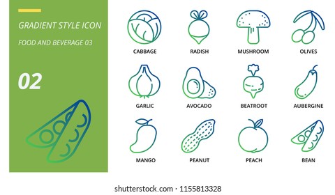 Gradient icon pack for food and beverage, cabbage, radish, mushroom, olives, garlic, avocado, beatroot, aubergine, mango, peanut, peach, bean