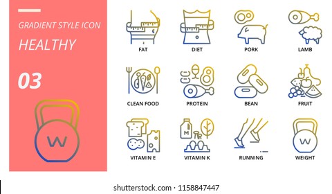 Gradient icon pack for healthy, fat, diet, pork, lamb, clean food, protein, bean, fruit, vitamin e, vitamin k, running, weight.