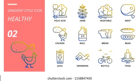 Gradient icon pack for hygiene routine, folic acid, herb, vegetable, meat, chicken, milk, bread, bean, juice, swimming, bicycle, yoga.