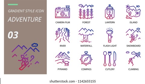 gradient icon pack . Icons for adventure, camera film, forest, lantern, island, river, waterfall, flashlight, pyramid, compass, cutlery, climbing for websites and mobile websites and apps.