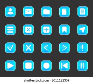 Gradient icons for applications for phones, music, mail, account, list, files, notes. Blue and light blue color, shadows in a square with a white outline. Vector eps 10.