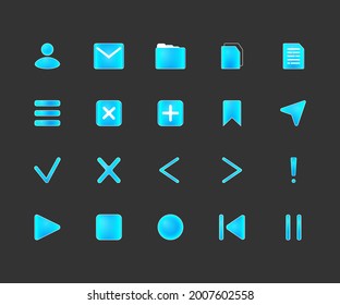 Gradient icons for phone apps, music, mail, account, list, files, notes. Blue and light blue color, shadows and white outline. Vector eps 10.