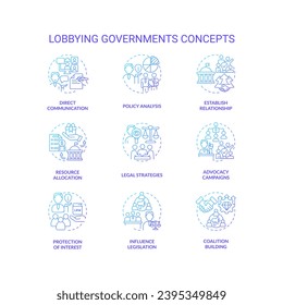 Farbige Symbole, die Lobbying-Regierungskonzepte darstellen, einzelne Vektorgrafik, dünne Linie bunter Illustration.