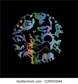 Gradient illustration drawn by hand with the animals of the world. Earth Day. Balanced ecology.